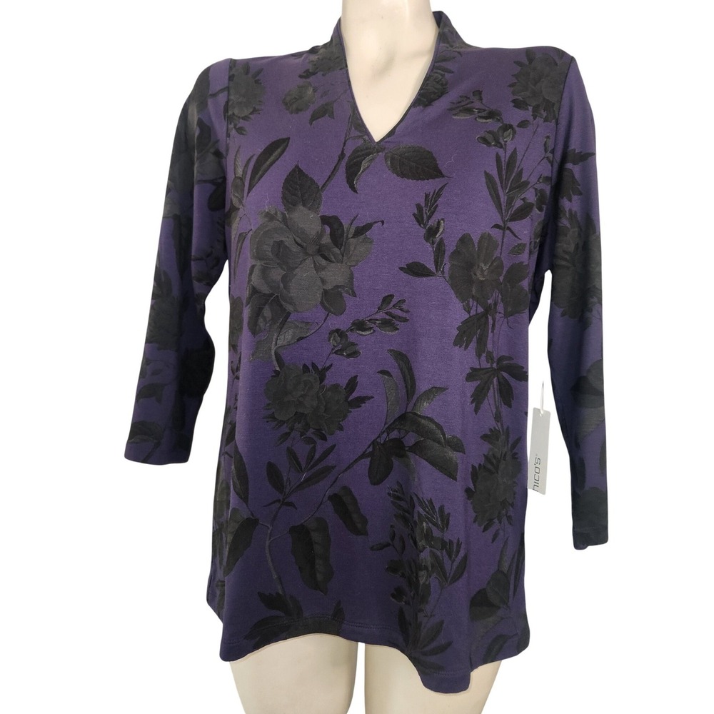 Chico's NEW Touch of Cool V-Neck Floral Top Purple Dewberry 3/4 Sleeve Size 1 M